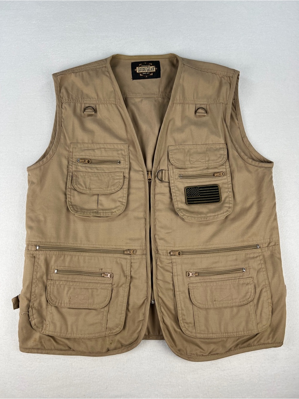 Guide Gear Mens Khaki Tactical Multi Pocket Utility Vest USA Flag Patch Size S
